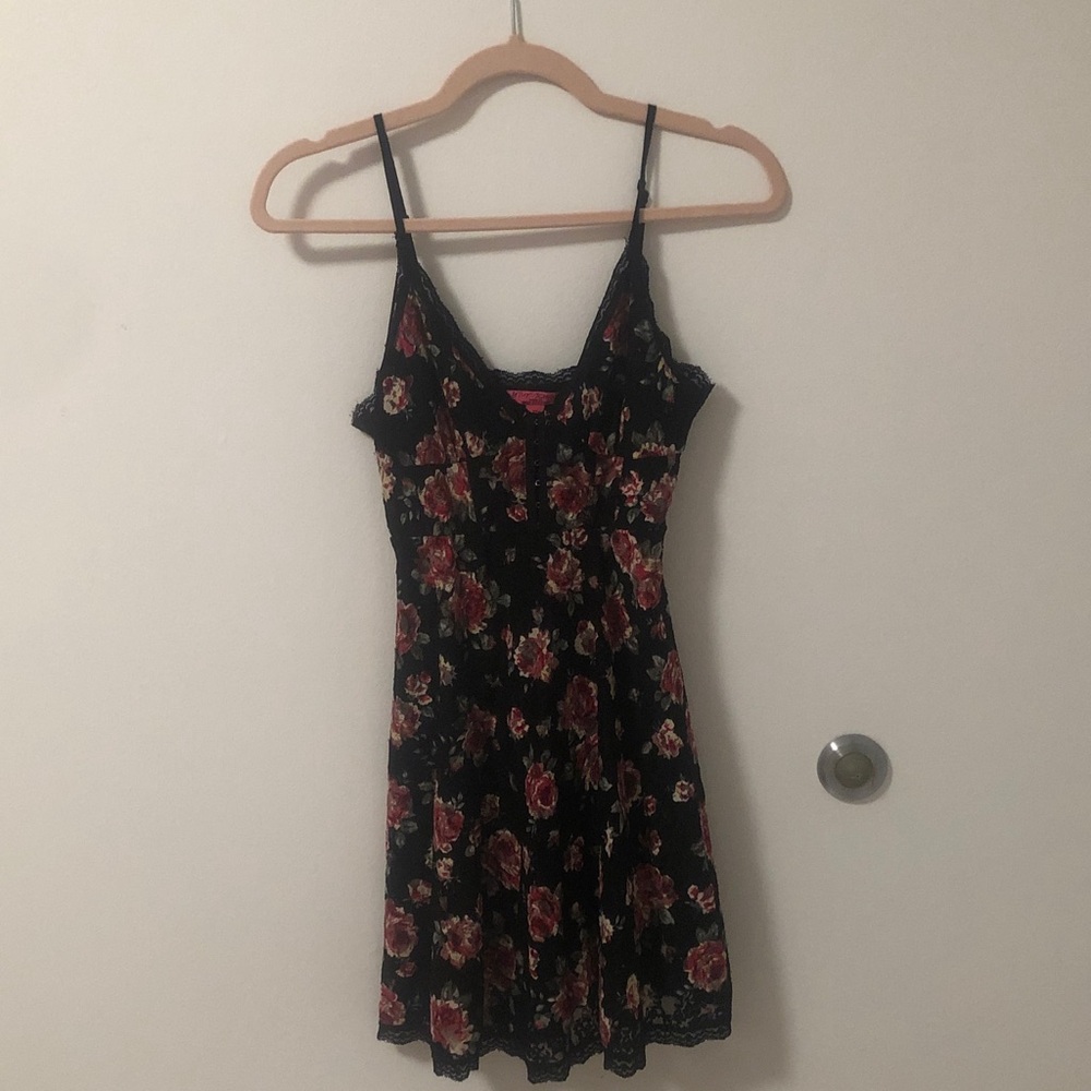 Betsey Johnson Urban Out Vintage Black Dress with Red and Pink Floral Design